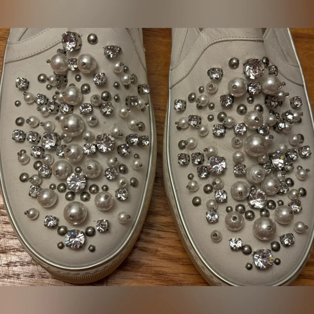 Stuart Weitzman White Embellished Slip on Sneakers - Picture 2 of 5